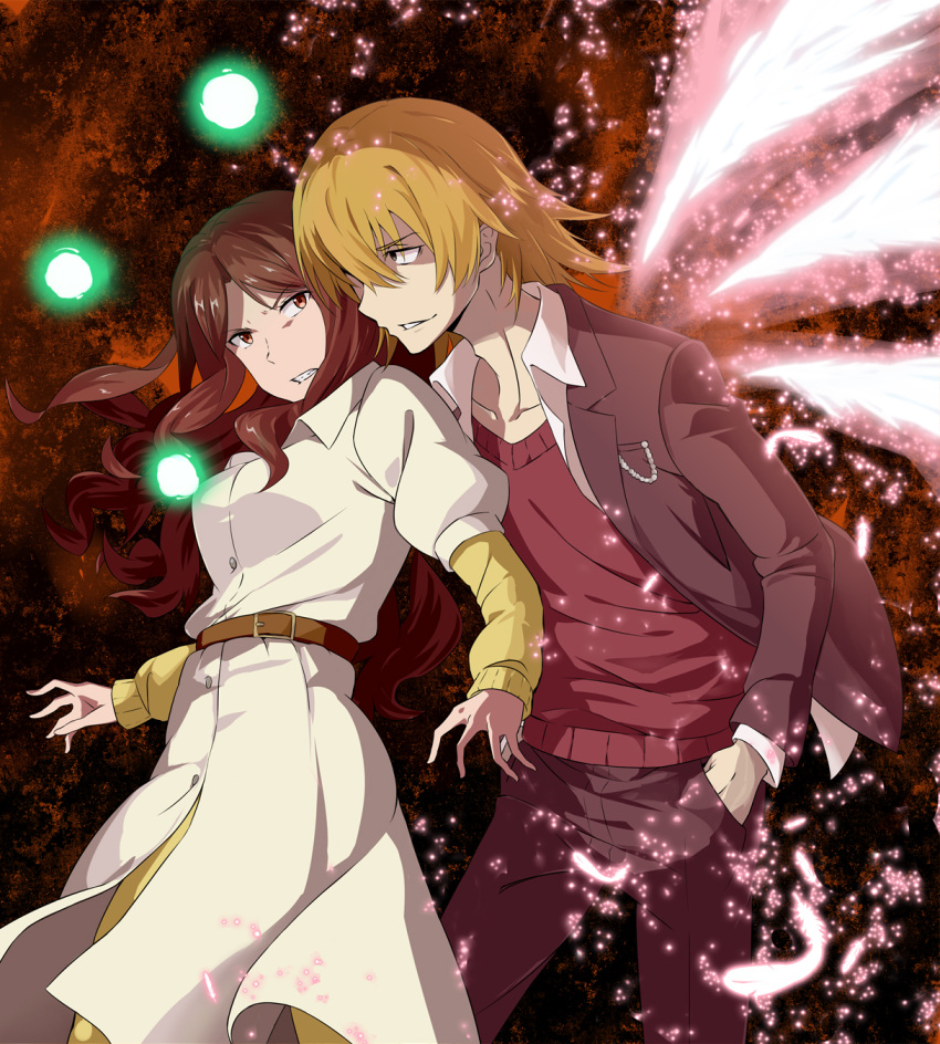 1boy 1girl bangs belt black_jacket black_pants blazer brown_belt brown_eyes brown_hair brown_sweater collared_dress collared_shirt commentary dress energy_ball eyebrows_visible_through_hair feathers frown glowing glowing_wings grimace grin hands_in_pockets highres jack-barro jacket kakine_teitoku leaning_forward long_dress long_hair long_sleeves looking_at_another looking_back mugino_shizuri open_clothes open_jacket pants shirt short_over_long_sleeves short_sleeves smile standing sweater to_aru_majutsu_no_index white_dress white_shirt wings yellow_shirt