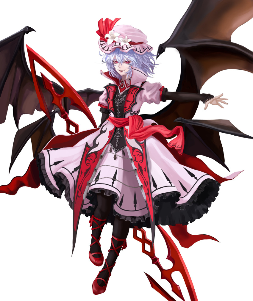 absurdres alternate_costume alternate_wings bad_id bad_twitter_id bat_wings black_legwear blue_hair commentary commentary_request hat highres hyeondo koumajou_densetsu looking_to_the_side mob_cap outstretched_arm red_eyes remilia_scarlet short_hair simple_background smile touhou white_background wings