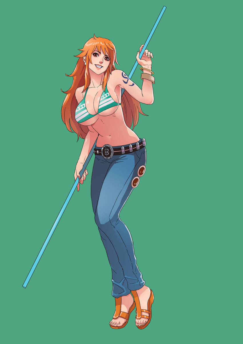 1girl absurdres belt bikini_top bracelet breasts brown_eyes bullet cirenk cleavage denim female full_body green_background highres jeans large_breasts long_hair looking_at_viewer midriff nami_(one_piece) navel no_shirt no_socks one_piece orange_hair pants sandals simple_background smile solo staff standing tattoo underboob wristband