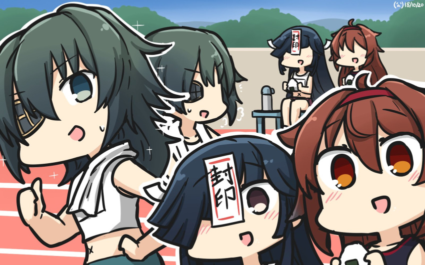 3girls :d alternate_costume black_hair blush bottle brown_eyes brown_hair chibi commentary dated day eyebrows_visible_through_hair eyepatch food green_eyes green_hair hair_between_eyes hair_over_one_eye hamu_koutarou hayashimo_(kantai_collection) highres holding holding_food kantai_collection kiso_(kantai_collection) long_hair multiple_girls navel no_hat no_headwear ofuda onigiri open_mouth shiratsuyu_(kantai_collection) short_hair sitting smile sparkle thumbs_up towel towel_around_neck translated