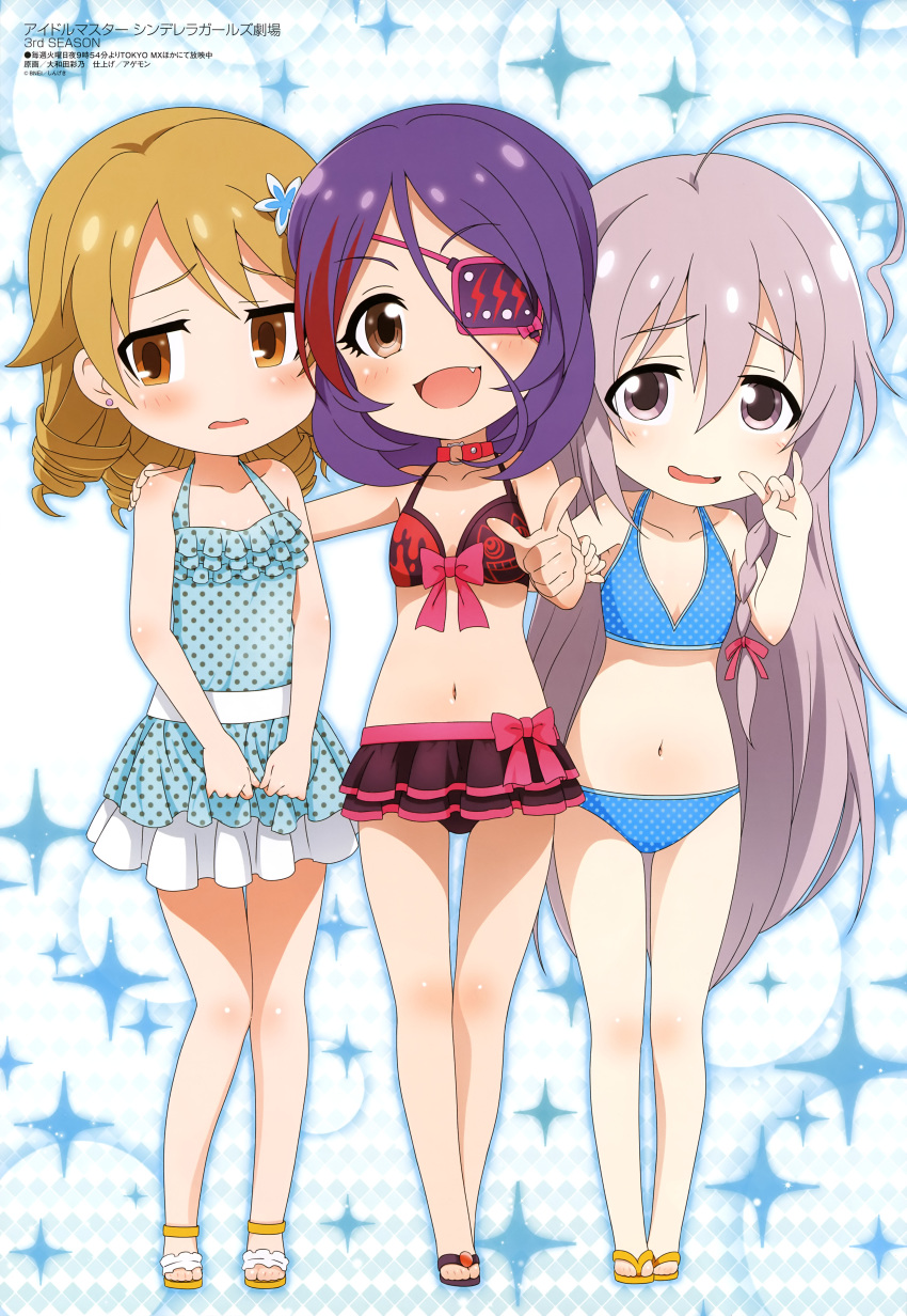 3girls :d absurdres agemono ahoge bare_legs bikini bikini_skirt blue_bikini blue_swimsuit body_blush bow bow_bikini brown_eyes chibi choker cinderella_girls_gekijou collarbone dress_swimsuit earrings embarrassed eyebrows_visible_through_hair eyes_visible_through_hair fang frilled_swimsuit frills full_body grey_eyes grey_hair hair_between_eyes hair_ribbon hand_on_another's_arm hand_on_another's_shoulder hayasaka_mirei highres hoshi_shouko idolmaster idolmaster_cinderella_girls individuals jewelry light_brown_eyes light_brown_hair long_hair looking_at_viewer looking_to_the_side magazine_scan megami morikubo_nono multicolored_hair multiple_girls navel official_art oowada_ayano open_mouth pink_bow pink_earrings pink_ribbon pointing pointing_at_viewer polka_dot polka_dot_bikini polka_dot_swimsuit print_bikini print_eyepatch purple_bikini purple_eyepatch purple_footwear purple_hair red_choker redhead ribbon sandals scan smile sparkle_background streaked_hair swimsuit toes tongue very_long_hair wavy_mouth white_polka_dots yellow_footwear