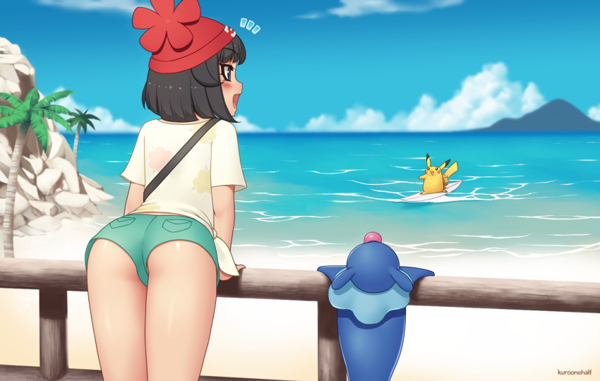 1girl 2others ass bag beach beanie blush clouds commentary creatures_(company) day game_freak hat kuroonehalf leaning_forward mizuki_(pokemon) mouse nintendo ocean open_mouth outdoors pikachu pokemon pokemon_(creature) pokemon_(game) pokemon_sm popplio sea_lion shirt short_hair short_shorts short_sleeves shorts sky smile surfboard surfing