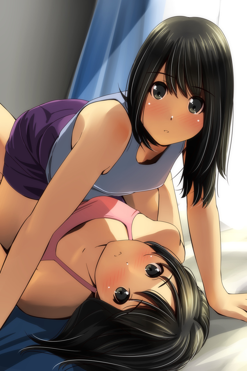 2girls absurdres all_fours bare_arms bare_shoulders bed_sheet black_eyes black_hair blue_tank_top blush breasts camisole curtains day downblouse girl_on_top head_tilt highres indoors long_hair looking_at_viewer lying matsunaga_kouyou multiple_girls nose_blush on_back original parted_lips pink_camisole purple_shorts short_shorts shorts small_breasts sunlight tank_top yuri