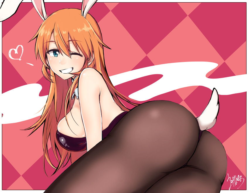 1girl absurdres animal_ears ass bare_shoulders blue_eyes breasts bunny_girl bunny_tail bunnysuit charlotte_e_yeager detached_collar emirio_(user_wmup5874) grin hair_between_eyes heart highres long_hair looking_at_viewer medium_breasts one_eye_closed orange_hair pantyhose patterned_background rabbit_ears signature skindentation smile solo strike_witches tail world_witches_series