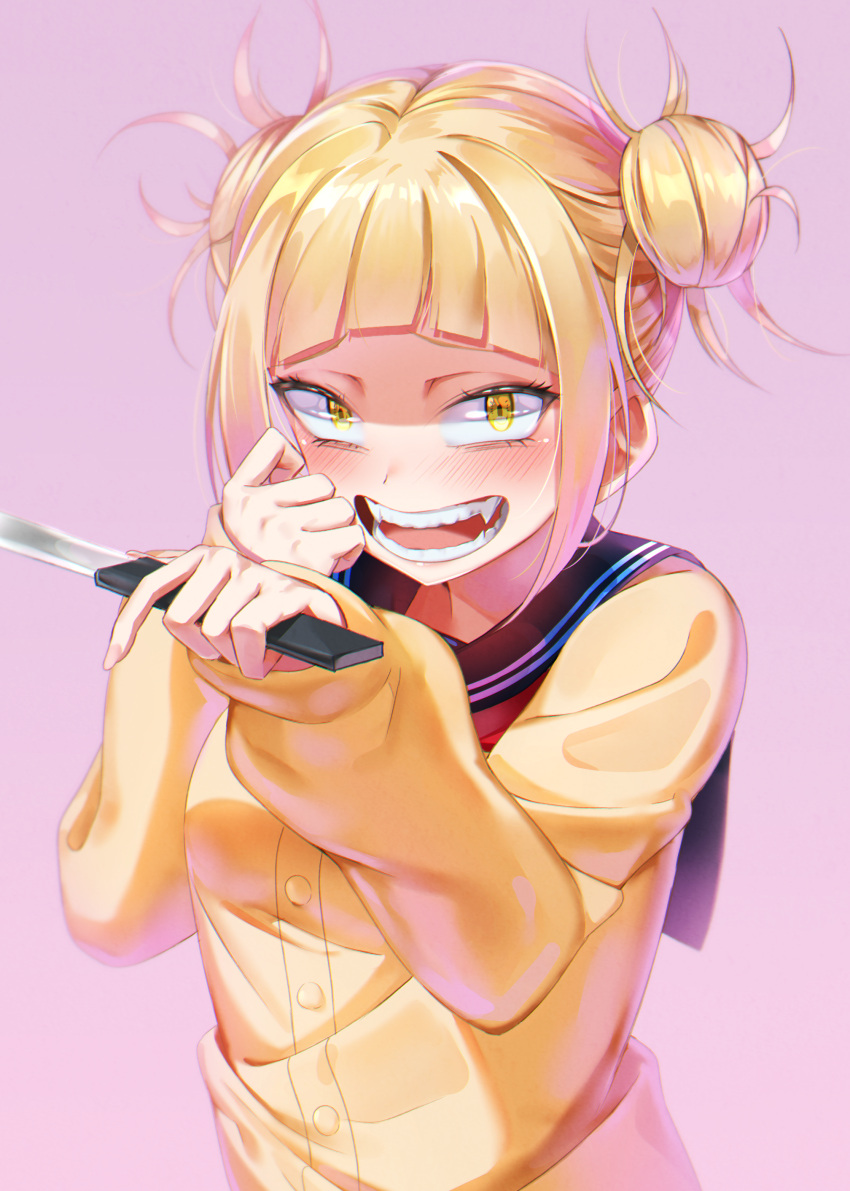 1girl :d absurdres bangs blunt_bangs blush boku_no_hero_academia constricted_pupils double_bun fangs hachinatsu hand_on_own_cheek highres holding holding_knife knife long_sleeves looking_at_viewer neckerchief open_mouth pink_background red_neckwear sailor_collar school_uniform serafuku shiny shiny_hair short_hair sidelocks smile solo sweater tied_hair toga_himiko upper_body yellow_cardigan