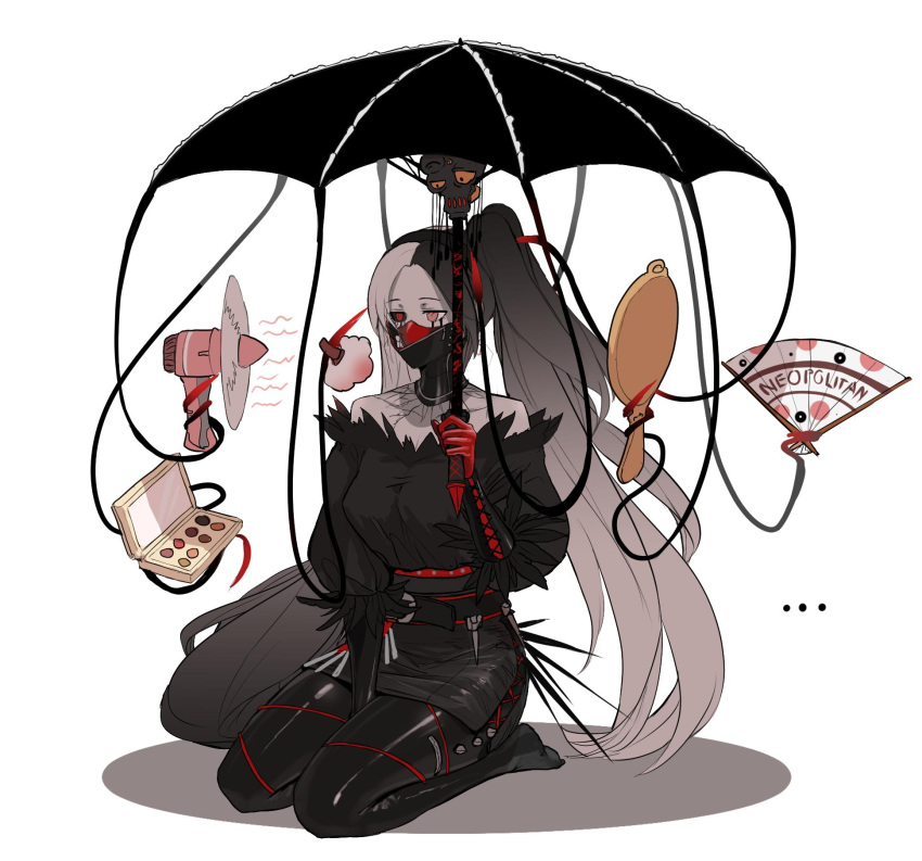 belt black_hair color_connection cosmetics cracked_skin dishwasher1910 dress expressionless fan feather-trimmed_sleeves gloves grimm hair_color_connection headband heterochromia highres mask mirror neo_(rwby) parasol rwby seiza shadow side_ponytail simple_background sitting skin_tight skull tentacles umbrella white_background white_hair white_skin