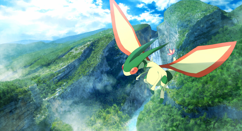 blue_eyes blue_sky claws clouds commentary_request day dragon flygon flying fog forest full_body gen_3_pokemon green_theme highres mountain nature no_humans outdoors pokemon pokemon_(creature) red_sclera ribero river scenery sky solo tree water waterfall wings