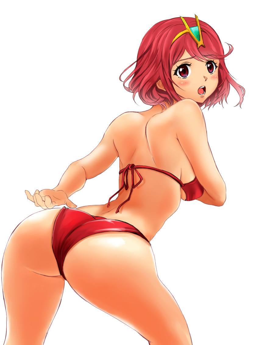 1girl ass back bad_id bad_pixiv_id bangs bikini breasts eyebrows_visible_through_hair highres pyra_(xenoblade) looking_back medium_breasts monolith_soft nintendo on_(ugammishyoura) open_mouth pyra_(xenoblade) red_bikini red_eyes redhead short_hair solo swept_bangs swimsuit tiara white_background xenoblade_(series) xenoblade_2