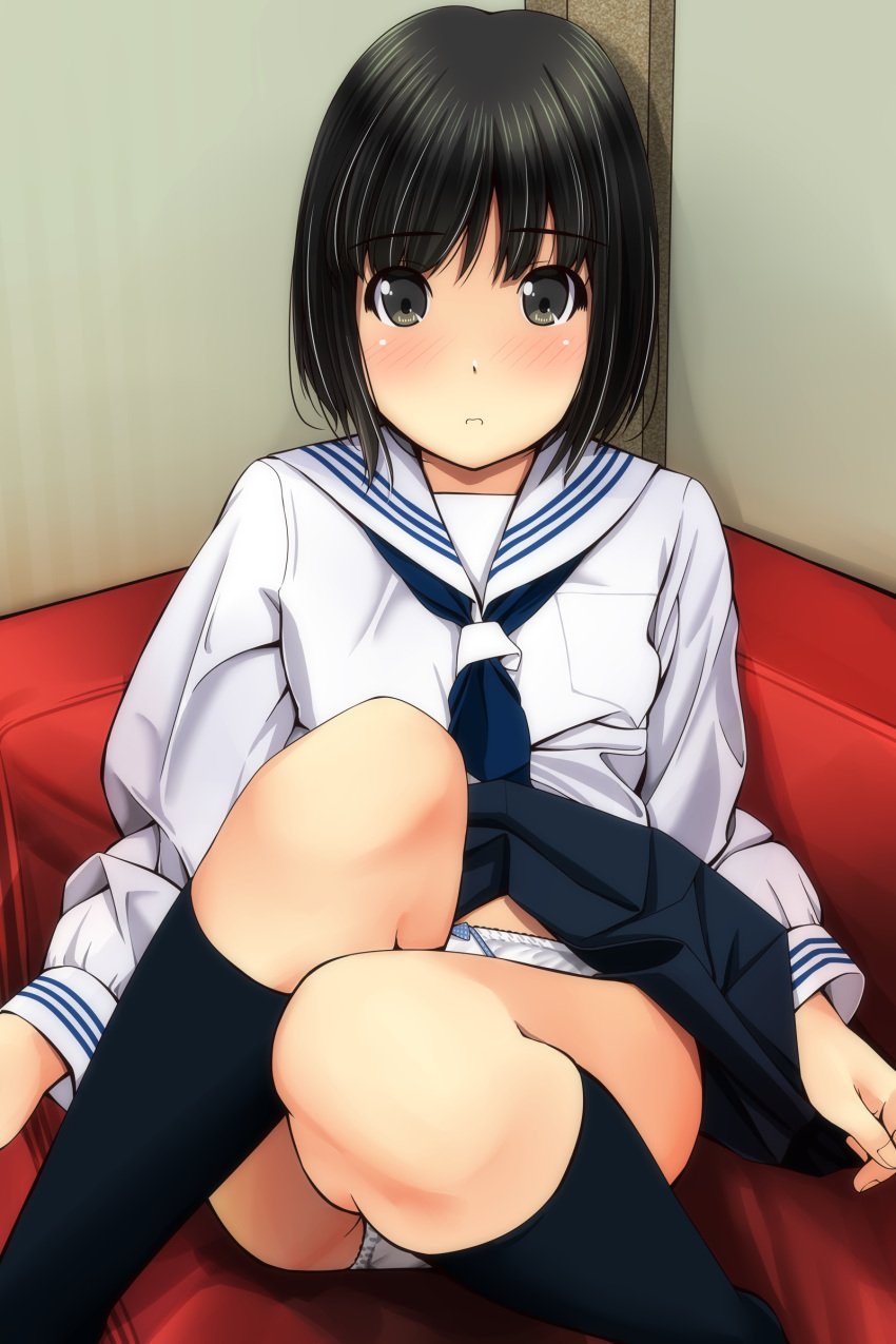 1girl absurdres bangs black_eyes black_hair black_legwear blue_neckwear blue_skirt blush bow bow_panties commentary_request eyebrows_visible_through_hair feet_out_of_frame fingernails highres indoors kneehighs long_sleeves looking_at_viewer matsunaga_kouyou neckerchief nose_blush original panties parted_lips pleated_skirt sailor_collar school_uniform serafuku shirt short_hair sitting skirt skirt_lift solo underwear white_panties white_sailor_collar white_shirt