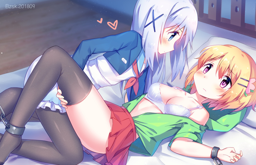 2girls artist_name ass bangs baozishark bare_shoulders bed black_legwear blonde_hair blue_eyes blue_jacket blush bra breasts chain collarbone commentary_request cropped_jacket cuffs dated dress eye_contact eyebrows_visible_through_hair feet_out_of_frame from_side gochuumon_wa_usagi_desu_ka? green_jacket hair_between_eyes hair_ornament hairclip heart highres hood hooded_jacket hoto_cocoa indoors jacket kafuu_chino kneeling long_hair long_sleeves looking_at_another lying medium_breasts miniskirt multiple_girls neckerchief no_shoes off_shoulder on_back open_clothes open_jacket pantyhose petticoat pillow pleated_skirt profile red_neckwear red_skirt restrained sailor_collar sailor_dress shackles shadow short_dress short_hair short_sleeves silver_hair skirt thigh-highs thighs underwear violet_eyes white_bra white_dress wooden_floor x_hair_ornament yuri