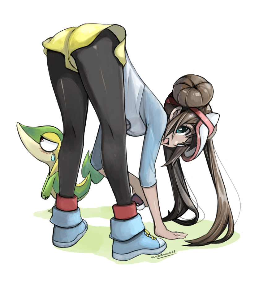 1girl :d absurdres ass bent_over blue_eyes blush brown_hair commentary double_bun english_commentary fang full_body gigiedt hair_bun half-closed_eyes highres legs legwear_under_shorts long_hair looking_away low_twintails mei_(pokemon) open_mouth pantyhose poke_ball pokemon pokemon_(creature) pokemon_(game) pokemon_bw2 shirt shorts simple_background smile snivy solo sweatdrop twintails visor_cap white_background yellow_shorts