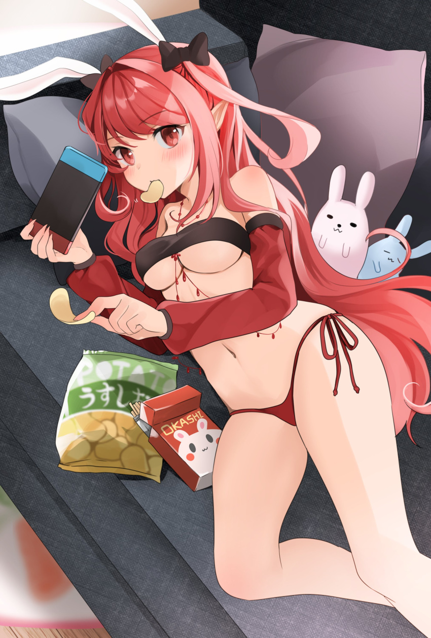 1girl absurdres animal_ears bandeau bare_shoulders bikini bikini_bottom bow breasts chips commission couch detached_sleeves dungeon_and_fighter food hair_bow highres holding jewelry long_hair long_sleeves looking_at_viewer lying mage_(dungeon_and_fighter) medium_breasts mouth_hold navel necklace nintendo_switch on_couch on_side potato_chips rabbit_ears red_bikini red_eyes redhead side-tie_bikini skeb_commission solo stomach strapless string_bikini swimsuit thighs tube_top two_side_up under_boob very_long_hair working_slave_(character) yunamaro