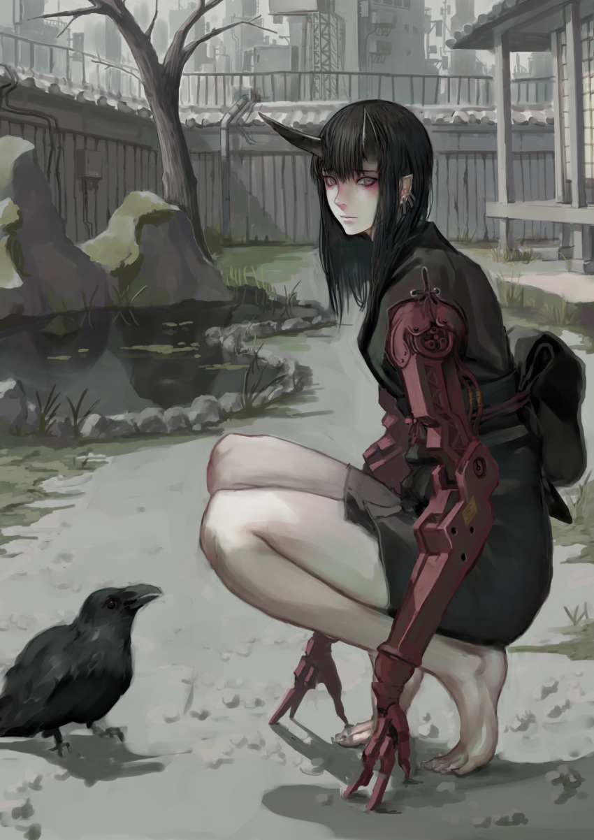 1girl bare_legs barefoot bird black_hair crow earrings eyebrows_visible_through_hair highres horns japanese_clothes jewelry jittsu kimono looking_at_viewer mechanical_arms medium_hair obi oni pond rock sash short_kimono squatting tree yellow_eyes