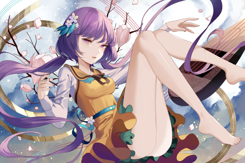 1girl arm_up ass bangs bare_legs barefoot biwa_lute black_neckwear black_ribbon blue_sash branch breasts cherry_blossoms cloude commentary dress eyebrows_visible_through_hair feet_out_of_frame flower hair_flower hair_ornament hand_up highres hillly_(maiwetea) instrument leaf light_particles long_hair long_sleeves looking_at_viewer low_twintails lute_(instrument) medium_breasts neck_ribbon parted_lips petals petticoat purple_hair ribbon sash shirt short_dress smile solo staff_(music) thighs touhou tsukumo_benben twintails violet_eyes white_flower white_shirt yellow_dress