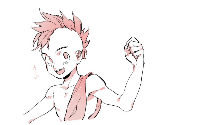 1boy :d bad_id bad_pixiv_id character_name chest clenched_hand dragon_ball dragon_ball_z fingernails happy highres male_focus mohawk monochrome open_mouth rosie_leelan simple_background smile translated upper_body uub white_background