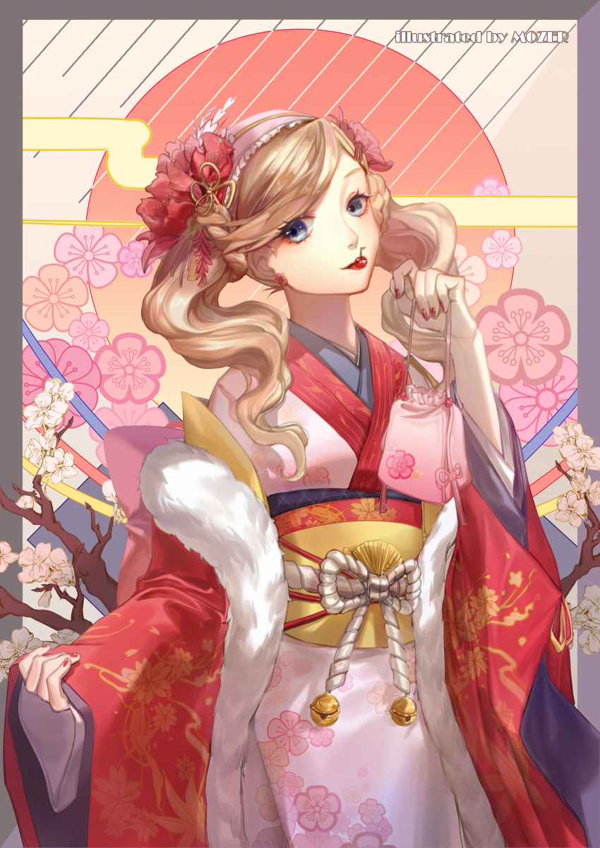 1girl absurdres artist_name bangs blonde_hair blue_eyes cowboy_shot floral_print flower fur_trim hair_flower hair_ornament head_tilt headdress highres japanese_clothes kimono lipstick long_hair looking_at_viewer makeup mouth_hold mozer_(zerlinda) nail_polish obi parted_bangs persona persona_5 pink_kimono print_kimono red_flower red_lips red_nails sash solo standing takamaki_anne twintails