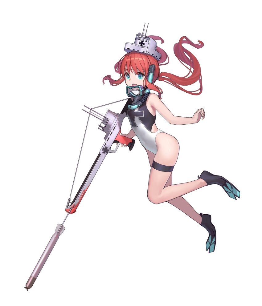 1girl :d bangs bare_arms bare_shoulders blue_eyes breasts commentary_request diving_mask eyebrows_behind_hair flippers full_body grey_headwear gun hat highres holding holding_gun holding_weapon iron_cross looking_at_viewer one-piece_swimsuit open_mouth qiongsheng redhead round_teeth simple_background small_breasts smile snorkel solo swimsuit teeth thigh_strap torpedo twintails u-35_(warship_girls_r) upper_teeth warship_girls_r weapon white_background white_swimsuit