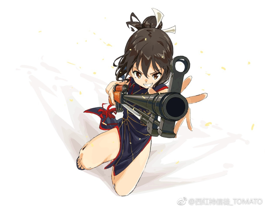 1girl aiming_at_viewer bangs black_hair brown_eyes china_dress chinese_clothes commentary_request dress full_body girls_frontline gun hair_ribbon holding holding_gun holding_weapon long_hair looking_at_viewer ponytail ribbon sleeveless smile solo tomato_(lsj44867) type_63_assault_rifle type_63_assault_rifle_(girls_frontline) weapon