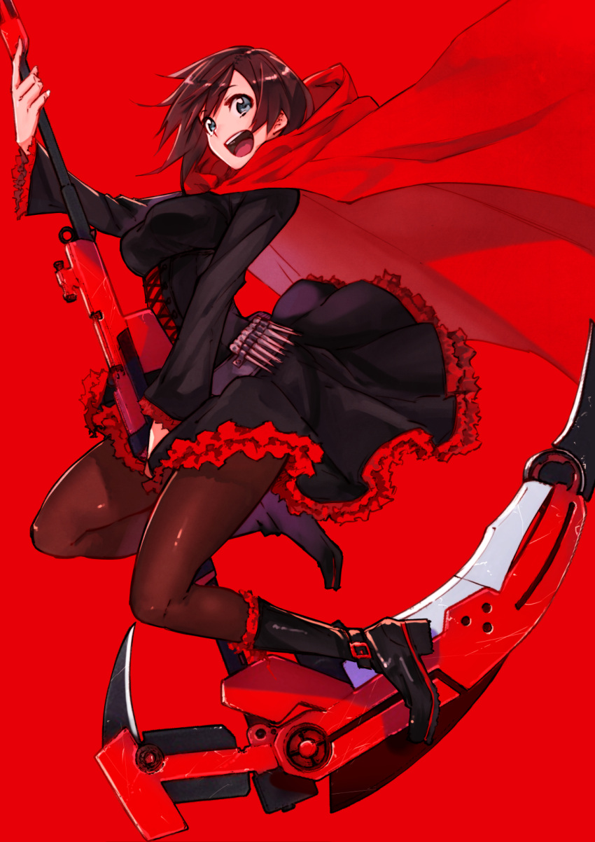 1girl 244_(bo-z) :d black_dress black_footwear blue_eyes boots brown_hair brown_legwear cape crescent_rose dress frilled_dress frills full_body gothic_lolita highres holding holding_weapon lolita_fashion open_mouth pantyhose red_background red_cape red_theme ruby_rose rwby scythe shiny shiny_hair short_dress short_hair simple_background smile solo weapon