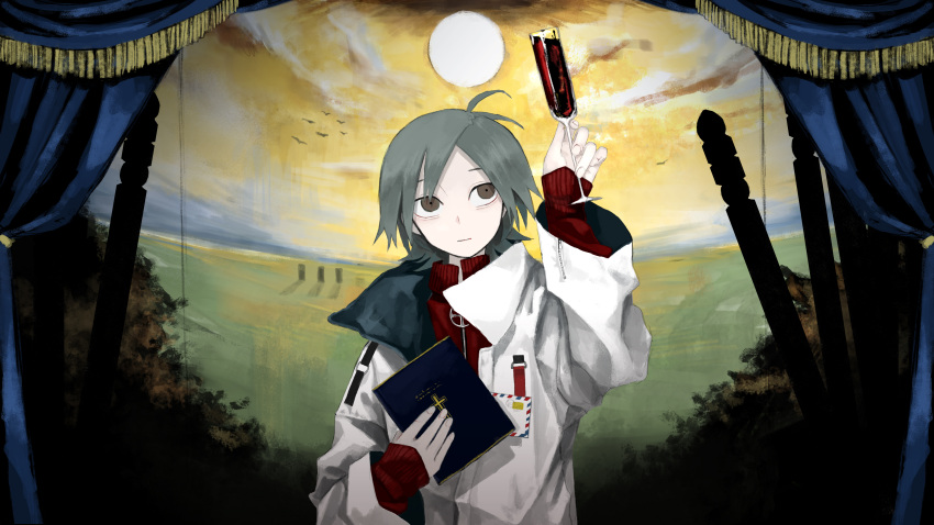 1boy absurdres ahoge bible black_eyes brown_eyes coat commentary_request cup curtains drinking_glass grey_hair highres honda_souichi jacket looking_up male_focus original short_hair track_jacket wine_glass