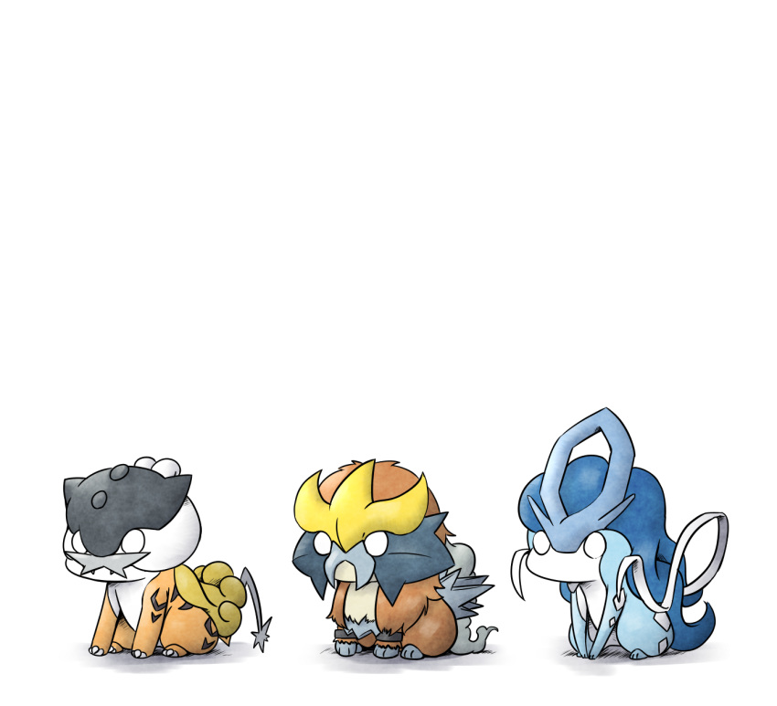 alternate_color chibi claws commentary_request entei fangs full_body gen_2_pokemon highres kashiwa_(3920kashiwa) no_humans o_o pokemon pokemon_(creature) raikou shiny_pokemon simple_background sitting suicune white_background white_eyes