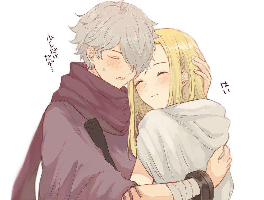 1boy 1girl bandaged_arm bandages black_gloves blonde_hair blush cloak closed_eyes couple gloves grey_hair hair_over_one_eye hetero hug long_hair octopath_traveler ophilia_(octopath_traveler) robe scarf short_hair simple_background smile sweatdrop therion_(octopath_traveler) translated white_background wspread