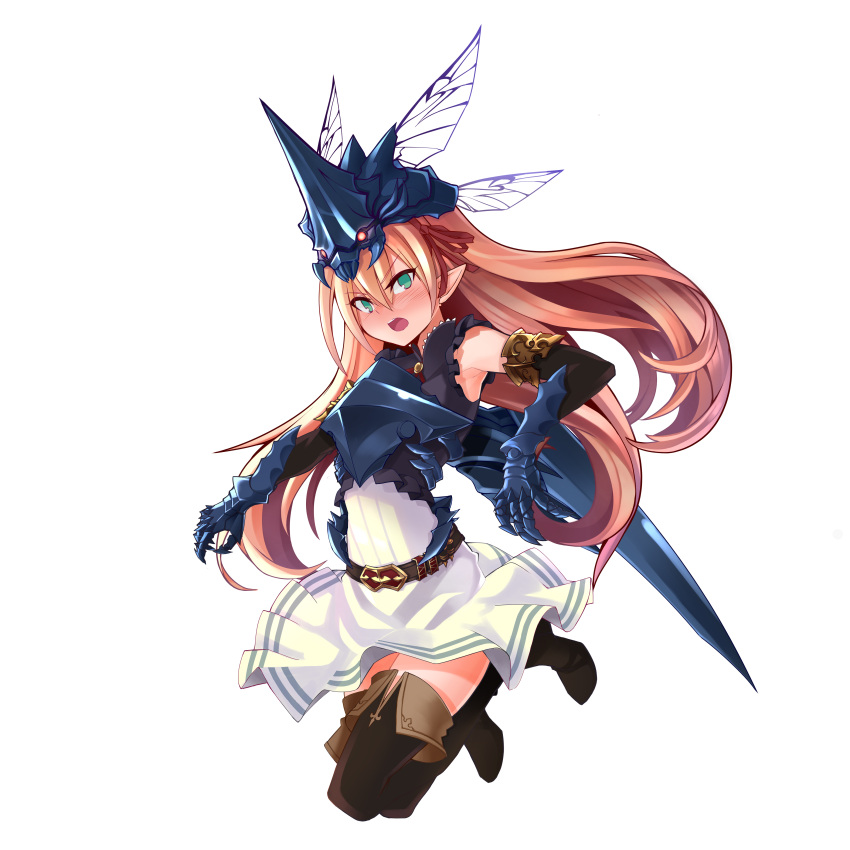 1girl absurdres arisa_(shadowverse) armor blackxxx blonde_hair boots breastplate commentary_request eyebrows_visible_through_hair gauntlets green_eyes highres long_hair looking_at_viewer pointy_ears rhinoceroach shadowverse skirt thigh-highs thigh_boots