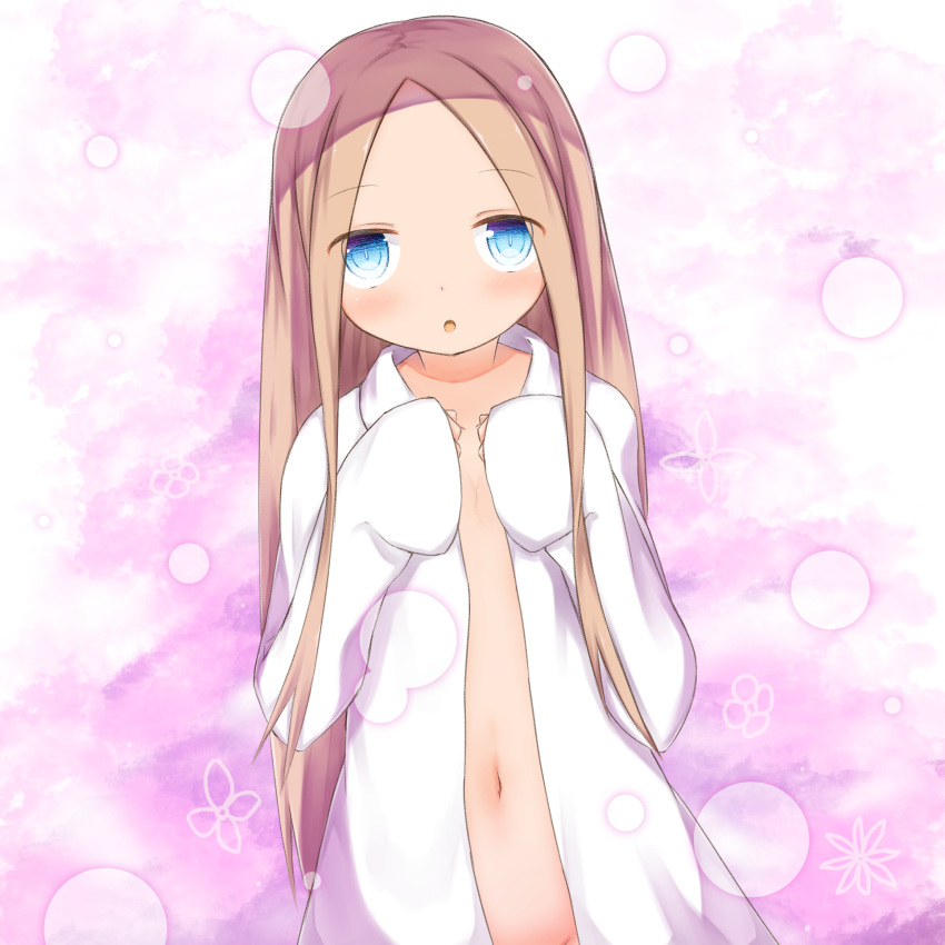1girl :o abigail_williams_(fate/grand_order) alternate_costume blonde_hair blue_eyes blush commentary_request dress_shirt dutch_angle eyebrows_visible_through_hair fate/grand_order fate_(series) forehead hands_up highres long_hair long_sleeves naked_shirt navel open_clothes open_shirt parted_lips shirt sleeves_past_fingers sleeves_past_wrists solo su_guryu very_long_hair