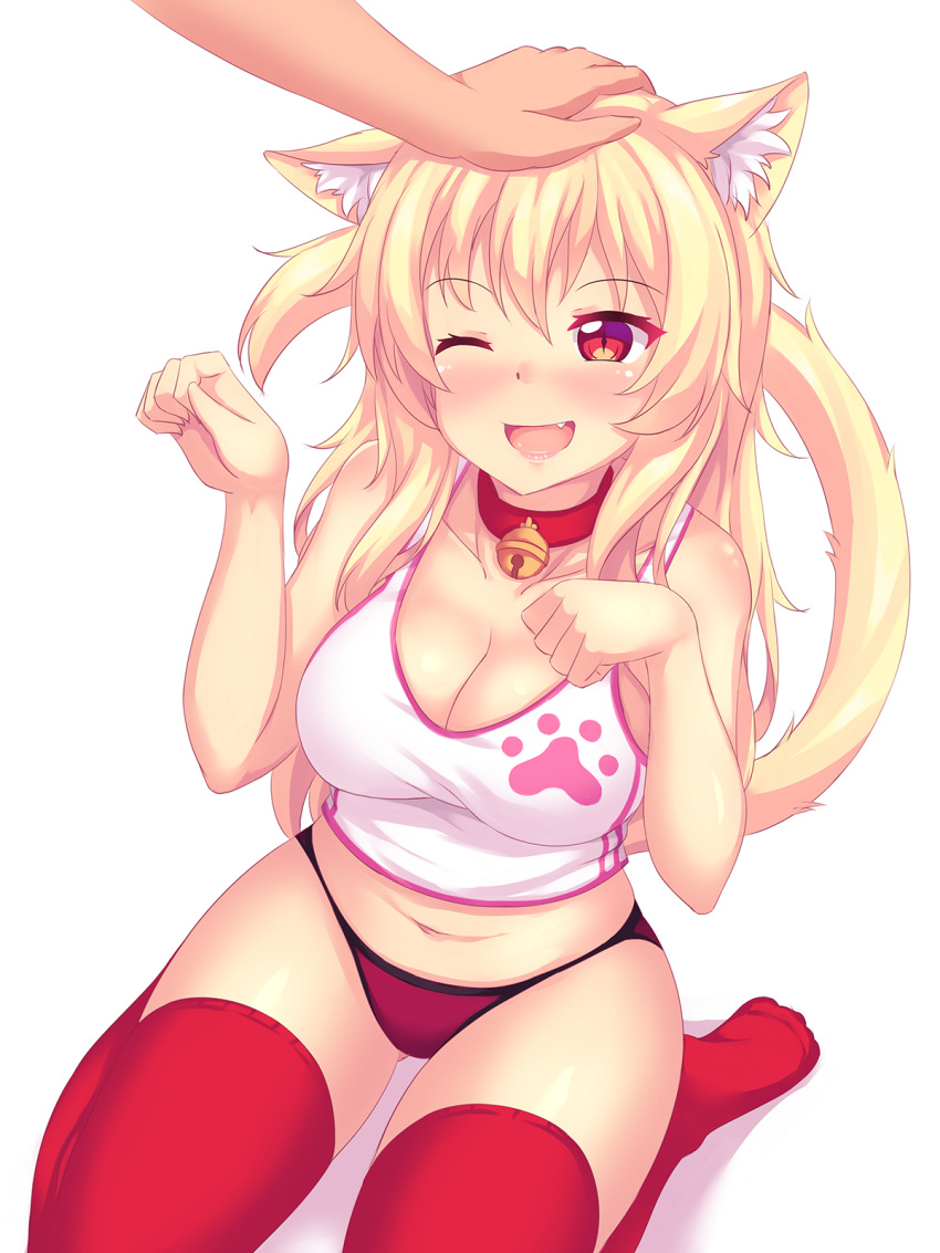 1girl animal_ear_fluff animal_ears bell bell_collar blonde_hair blush breasts cat_ears cat_tail collar eyebrows_visible_through_hair fang fast-runner-2024 highres kneeling large_breasts long_hair looking_at_viewer midriff navel one_eye_closed open_mouth original panties paw_pose petting red_eyes red_legwear red_panties slit_pupils solo_focus tail tank_top thigh-highs tiffy underwear white_background