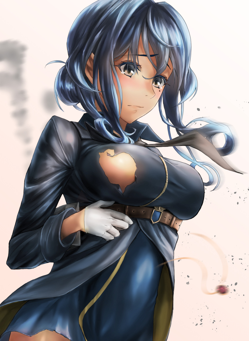 1girl absurdres bangs belt black_neckwear blue_eyes blue_hair blush breasts collared_shirt commentary_request damaged eyebrows_visible_through_hair gloves gotland_(kantai_collection) hair_between_eyes hair_bun half_gloves highres kantai_collection kokuzoo large_breasts long_hair long_sleeves looking_at_viewer military military_uniform mole mole_under_eye necktie remodel_(kantai_collection) shirt sidelocks simple_background smokestack solo tearing_up underbust uniform white_gloves