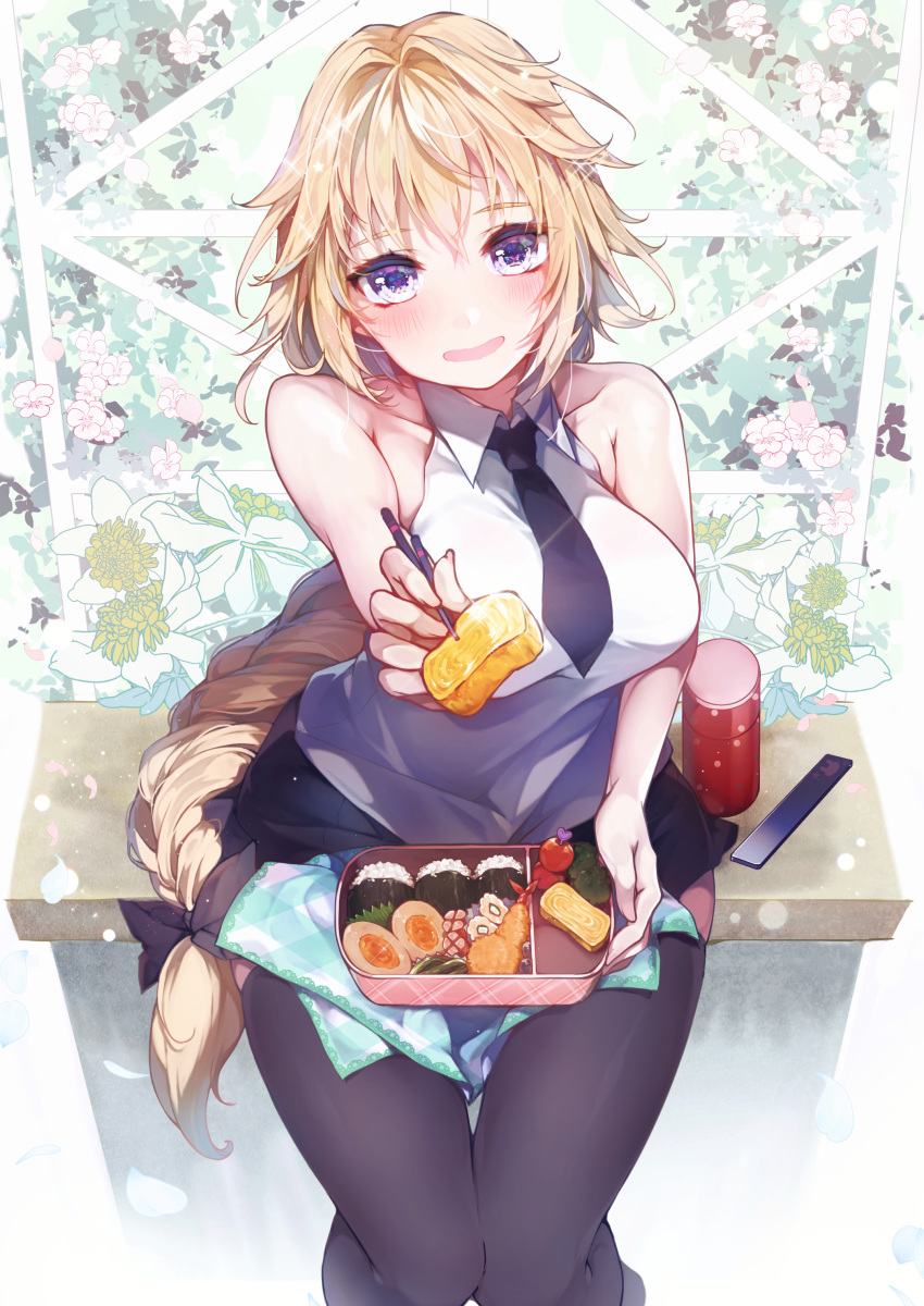 1girl absurdres blonde_hair blush braid breasts chopsticks commentary_request fate/apocrypha fate/grand_order fate_(series) feeding food highres holding holding_food incoming_food jeanne_d'arc_(fate) jeanne_d'arc_(fate)_(all) kanola_u knees_together long_braid long_hair obentou omelet onigiri open_mouth pov_feeding single_braid sitting smile solo tamagoyaki tempura thermos thigh-highs violet_eyes