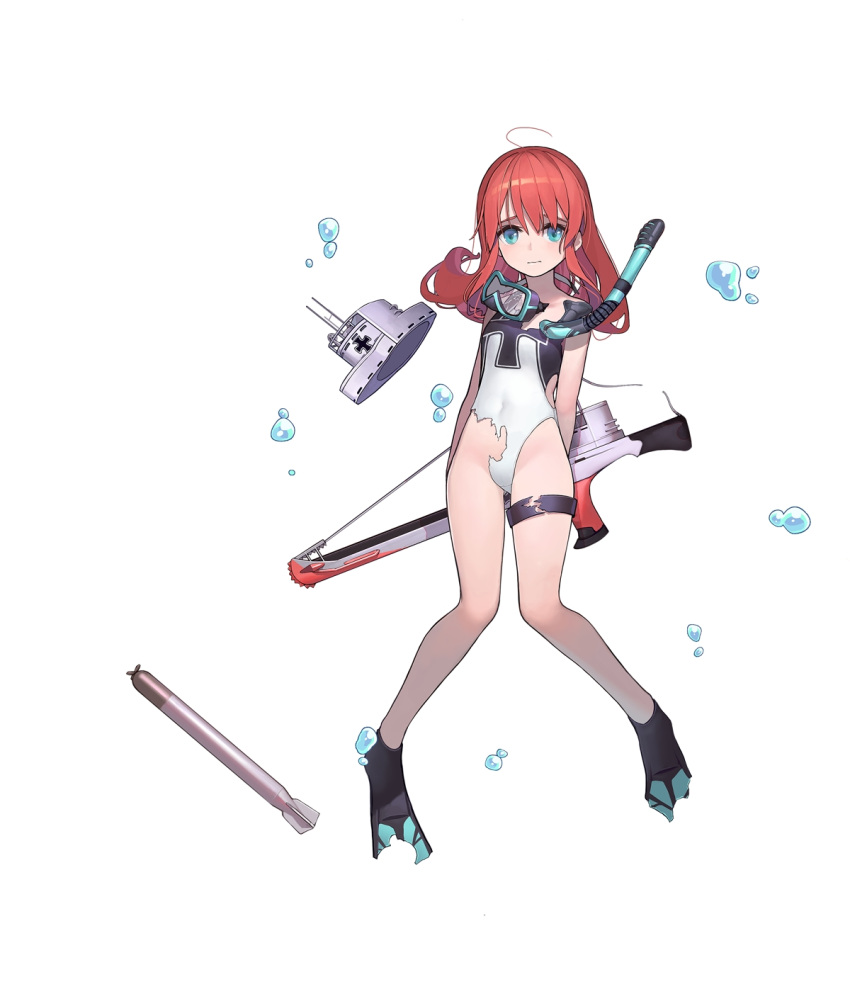 1girl ahoge air_bubble bangs bare_arms bare_shoulders blue_eyes breasts bubble closed_mouth diving_mask eyebrows_behind_hair flippers full_body grey_headwear gun hair_down hat hat_removed headwear_removed highres iron_cross looking_at_viewer one-piece_swimsuit qiongsheng redhead simple_background small_breasts snorkel solo swimsuit thigh_strap torn_clothes torn_swimsuit torpedo twintails u-35_(warship_girls_r) warship_girls_r wavy_mouth weapon white_background white_swimsuit
