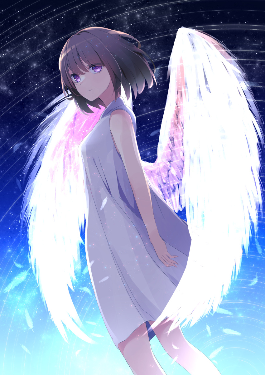 1girl aa_(sin2324) absurdres bangs bare_arms bare_shoulders brown_hair closed_mouth commentary_request dress eyebrows_visible_through_hair feathered_wings feathers hair_between_eyes highres looking_at_viewer looking_to_the_side night night_sky original outdoors pleated_dress sky sleeveless sleeveless_dress solo standing star_(sky) star_trail starry_sky transparent_wings violet_eyes white_dress white_feathers white_wings wings