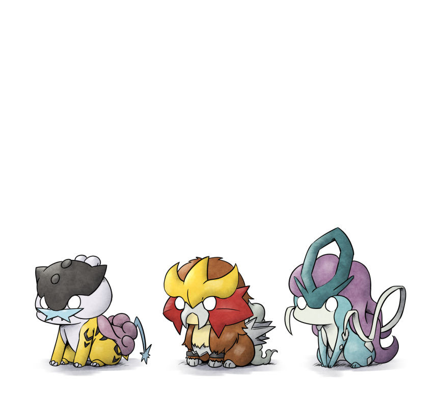 chibi claws commentary_request entei fangs full_body gen_2_pokemon highres kashiwa_(3920kashiwa) no_humans o_o pokemon pokemon_(creature) raikou simple_background sitting suicune white_background white_eyes