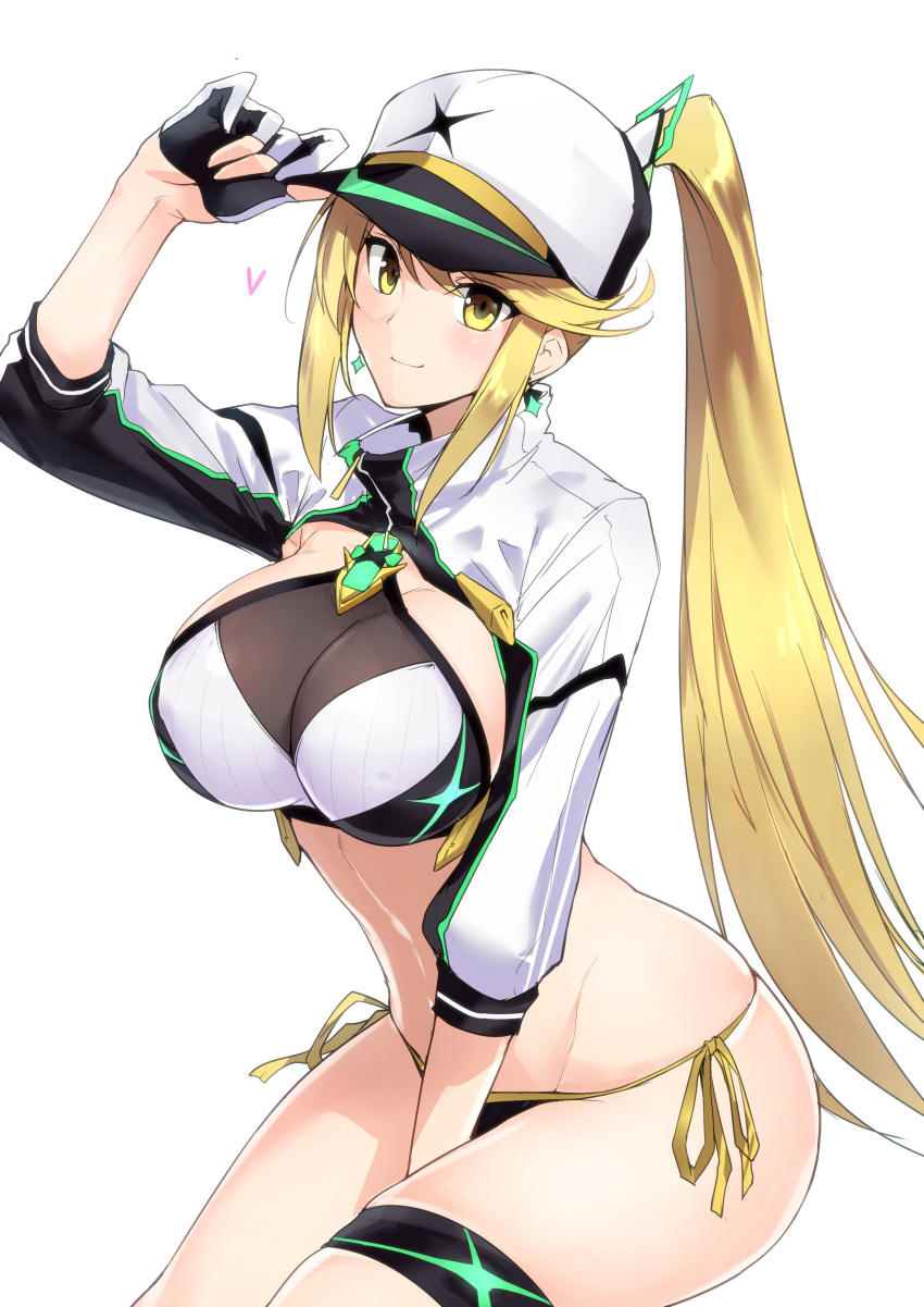 1girl absurdres artoria_pendragon_(all) bangs baseball_cap bikini black_bikini blonde_hair blush breasts closed_mouth cosplay cropped_jacket earrings fate/grand_order fate_(series) gloves harukon_(halcon) hat highres mythra_(xenoblade) jacket jewelry large_breasts long_hair looking_at_viewer mysterious_heroine_xx_(foreigner) mysterious_heroine_xx_(foreigner)_(cosplay) navel ponytail shrug_(clothing) sidelocks simple_background sitting smile solo swept_bangs swimsuit thigh_strap thighs very_long_hair white_background white_headwear white_jacket xenoblade_(series) xenoblade_2 yellow_eyes