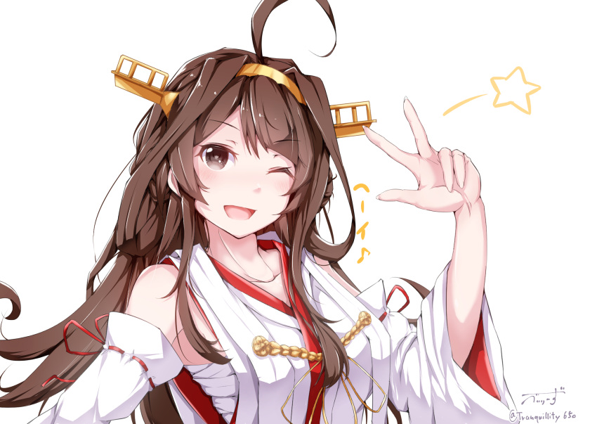 1girl ;d ahoge baileys_(tranquillity650) bangs bare_shoulders blush breasts brown_hair collarbone commentary detached_sleeves double_bun hairband hand_up headgear highres japanese_clothes kantai_collection kongou_(kantai_collection) long_hair looking_at_viewer nontraditional_miko one_eye_closed open_mouth remodel_(kantai_collection) sarashi sidelocks signature simple_background smile solo star translated twitter_username upper_body w white_background wide_sleeves