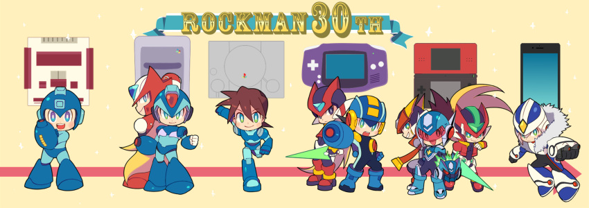 6+boys android_(os) anniversary arm_cannon black_eyes blonde_hair blue_eyes brown_hair capcom cellphone chibi closed_mouth commentary_request copyright_name energy_sword famicom game_boy_advance game_console green_eyes grey_(rockman) handheld_game_console helmet highres hoshikawa_subaru_(rockman) miyata_(lhr) multiple_boys nintendo nintendo_ds open_mouth over-1_(rockman) phone playstation rock_volnutt rockman rockman_(character) rockman_(classic) rockman_dash rockman_exe rockman_exe_(character) rockman_x rockman_xover rockman_zero rockman_zx rockman_zx_advent ryuusei_no_rockman smartphone smile sony super_famicom sword weapon x_(rockman) zero_(rockman)