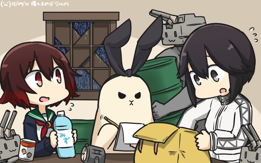 2girls animalization bag black_eyes black_hair bottle can canned_food check_commentary commentary_request dated drum_(container) flying_sweatdrops gradient_hair green_sailor_collar hamu_koutarou hayasui_(kantai_collection) highres holding jacket kantai_collection moon_(ornament) multicolored_hair multiple_girls mutsuki_(kantai_collection) neckerchief notepad open_mouth pencil rain red_neckwear redhead rensouhou-chan sailor_collar school_uniform serafuku shimakaze_(kantai_collection) shimakaze_(seal) short_hair spotlight translated water_bottle window writing