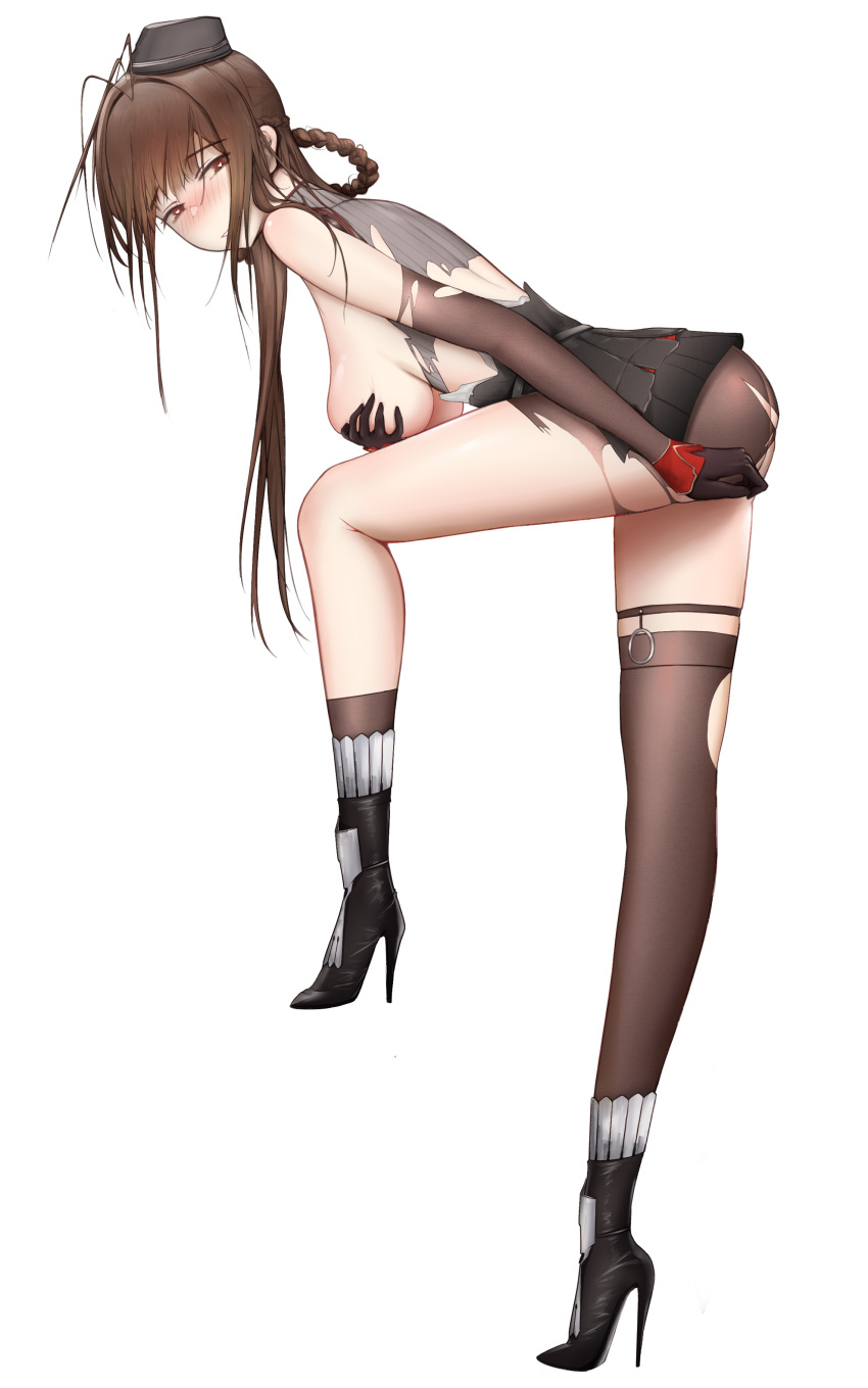 1girl absurdres asymmetrical_legwear bangs black_footwear black_gloves black_headwear black_legwear black_skirt blush boots braid breasts brown_hair closed_mouth dsr-50_(girls'_frontline) eyebrows_visible_through_hair full_body girls_frontline gloves hand_on_ass hand_on_breast high_heel_boots high_heels highres jin_mu_mulin long_hair looking_back medium_breasts profile red_eyes skirt socks solo standing thigh-highs torn_clothes white_background