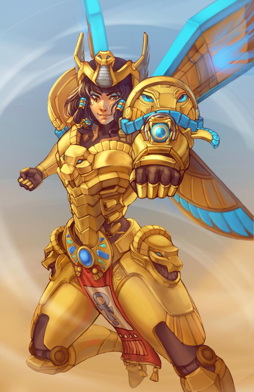1girl absurdres aiming_at_viewer alternate_costume arm_cannon asp_pharah bangs black_hair brown_eyes clenched_hands commentary dark_skin dreamer_whit egyptian english_commentary eye_of_horus eyeshadow facial_tattoo flying grin highres loincloth makeup mechanical_wings medium_hair overwatch pharah_(overwatch) power_suit smile solo tattoo thick_eyebrows weapon wings