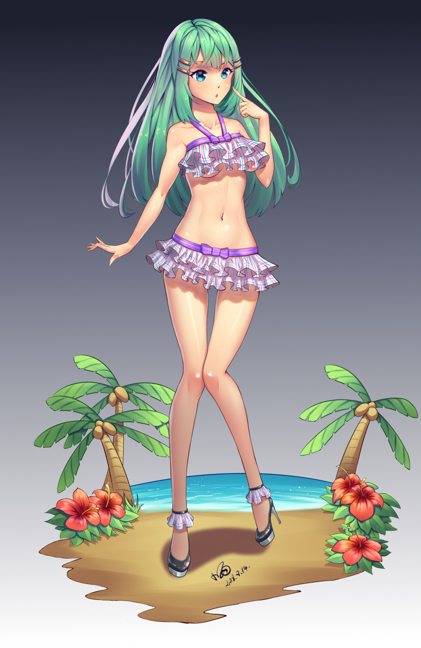 1girl absurdres artist_name ass_visible_through_thighs bangs bare_shoulders beach bikini bikini_skirt black_footwear blue_eyes blush breasts collarbone commentary_request dated flower frilled_bikini frills full_body gradient gradient_background green_hair grey_background hair_ornament hairclip hand_up high_heels highres knees_together_feet_apart konishi_(565112307) light_blush long_hair medium_breasts navel ocean original palm_tree purple_bikini red_flower sand shiny shiny_hair shiny_skin shoes signature solo standing swimsuit thigh_gap tree water