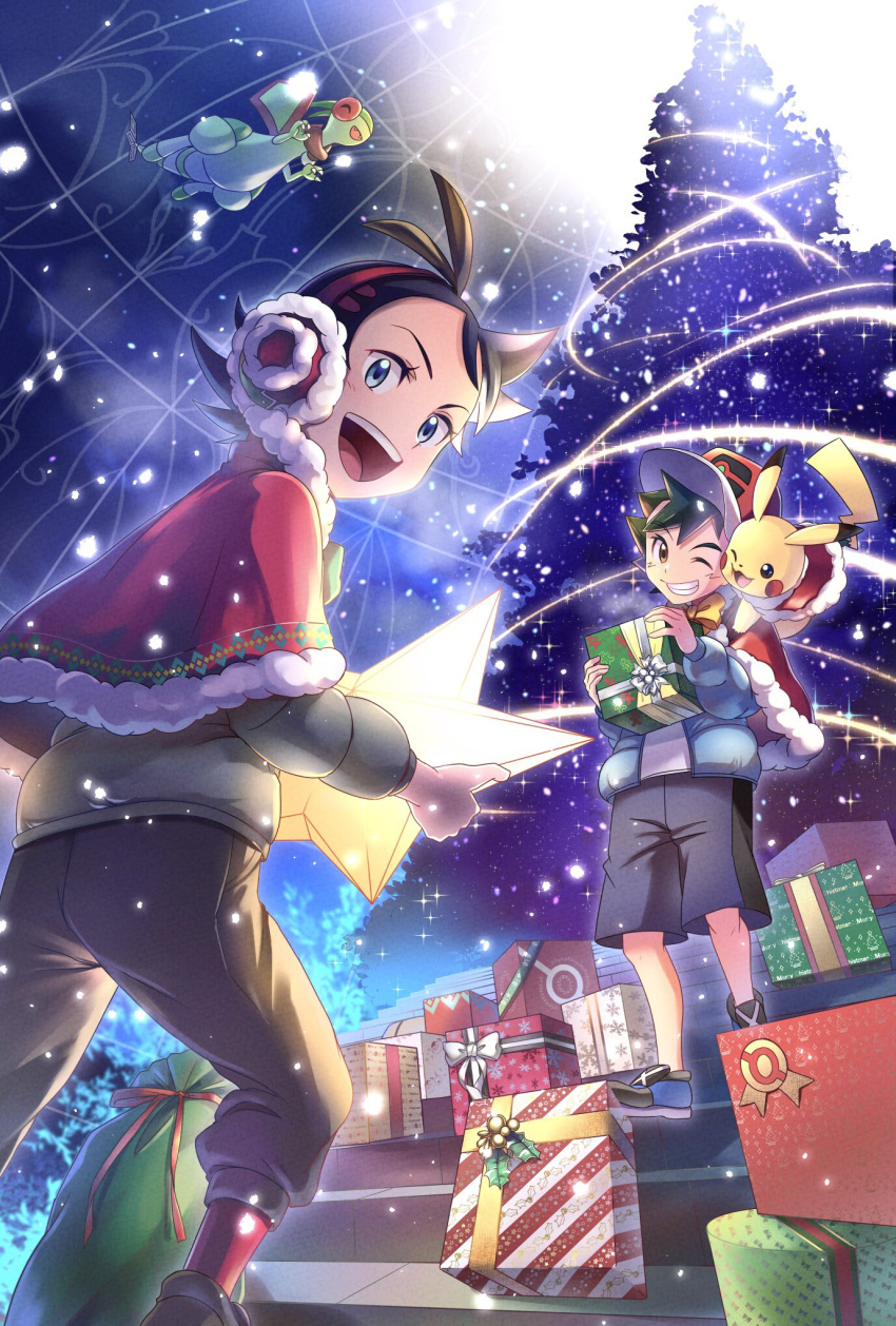 2boys :d ajc antenna_hair ash_ketchum baseball_cap black_hair box capelet christmas_tree commentary_request earmuffs flygon fur-trimmed_capelet fur_trim gift gift_box goh_(pokemon) hat highres holding holding_box holding_gift long_sleeves male_focus multiple_boys open_mouth pants pikachu pokemon pokemon_(anime) pokemon_(creature) pokemon_swsh_(anime) red_capelet red_legwear shoes short_hair shorts smile socks stairs standing teeth tongue upper_teeth