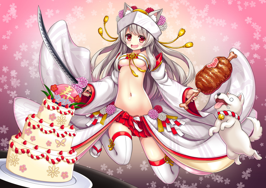 1girl absurdres animal animal_ears azur_lane bare_shoulders bell beltbra bluebird_(bluebird90) blush bone boned_meat breasts bug butterfly cake cat_ears collar collarbone commentary_request detached_sleeves dog drooling dual_wielding eyebrows_visible_through_hair fang fingernails flower food fruit full_body grey_hair happy hat highres holding holding_sword holding_weapon icing insect jingle_bell jumping katana long_hair looking_at_viewer meat medium_breasts miniskirt nail_polish navel o_o open_mouth paw_print_pattern pink_background plate pleated_skirt red_eyes red_nails red_skirt saliva sandals skindentation skirt smile solo_focus stomach strawberry sword thigh-highs tongue tongue_out translated under_boob weapon white_footwear white_legwear yuudachi_(azur_lane) zettai_ryouiki