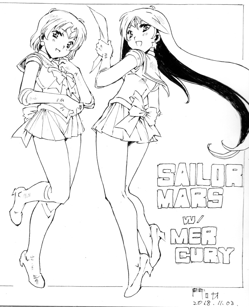 2girls absurdres bishoujo_senshi_sailor_moon boots commentary_request full_body highres hino_rei inner_senshi lineart magical_girl mizuno_ami moriguchi_nao_(naonao) multiple_girls pleated_skirt sailor sailor_mars sailor_mercury sailor_senshi sailor_senshi_uniform skirt