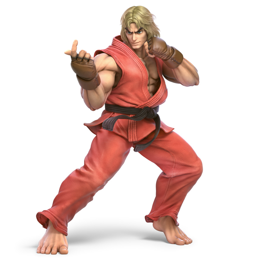 1boy 3d abs absurdres barefoot beckoning belt black_belt blonde_hair blue_eyes brown_gloves clenched_hand closed_mouth collarbone dougi eyebrows_visible_through_hair fighting_stance fingerless_gloves fingernails full_body gloves hands_up highres huge_filesize ken_masters legs_apart male_focus muscle official_art sleeveless smile solo standing street_fighter super_smash_bros. transparent_background