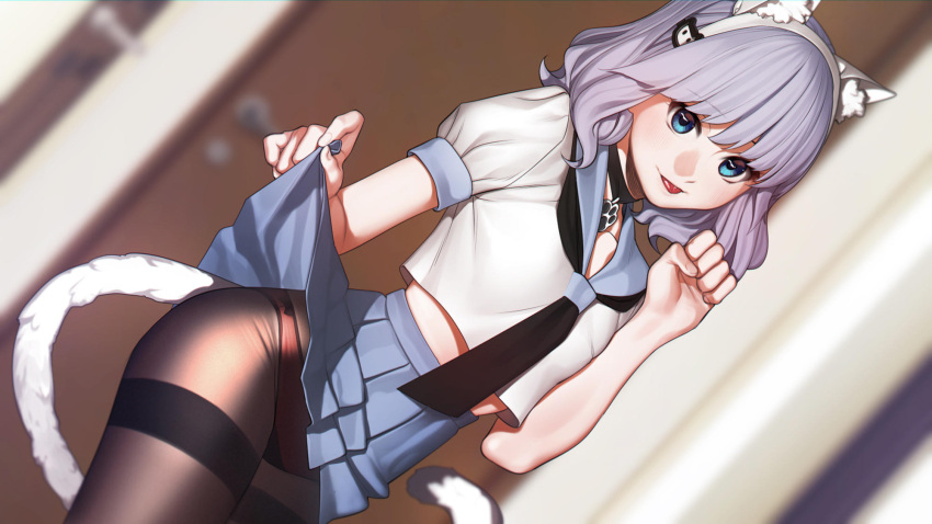 1girl animal_ears arms_up bad_deviantart_id bad_id bangs black_choker black_legwear black_neckwear blue_background blue_eyes blue_skirt cat_ears cat_tail choker commentary commission contrapposto crop_top door dutch_angle english_commentary fake_animal_ears hairband hand_up highres hip_focus indoors jewelry lavender_hair lifted_by_self looking_at_viewer midriff miniskirt necktie original panties panties_under_pantyhose pantyhose paw_pose paw_print pendant pleated_skirt puffy_short_sleeves puffy_sleeves red_panties revolmxd sheer_legwear shirt short_hair short_sleeves skirt skirt_lift standing tail thighband_pantyhose tongue tongue_out underwear white_hairband white_shirt white_tail