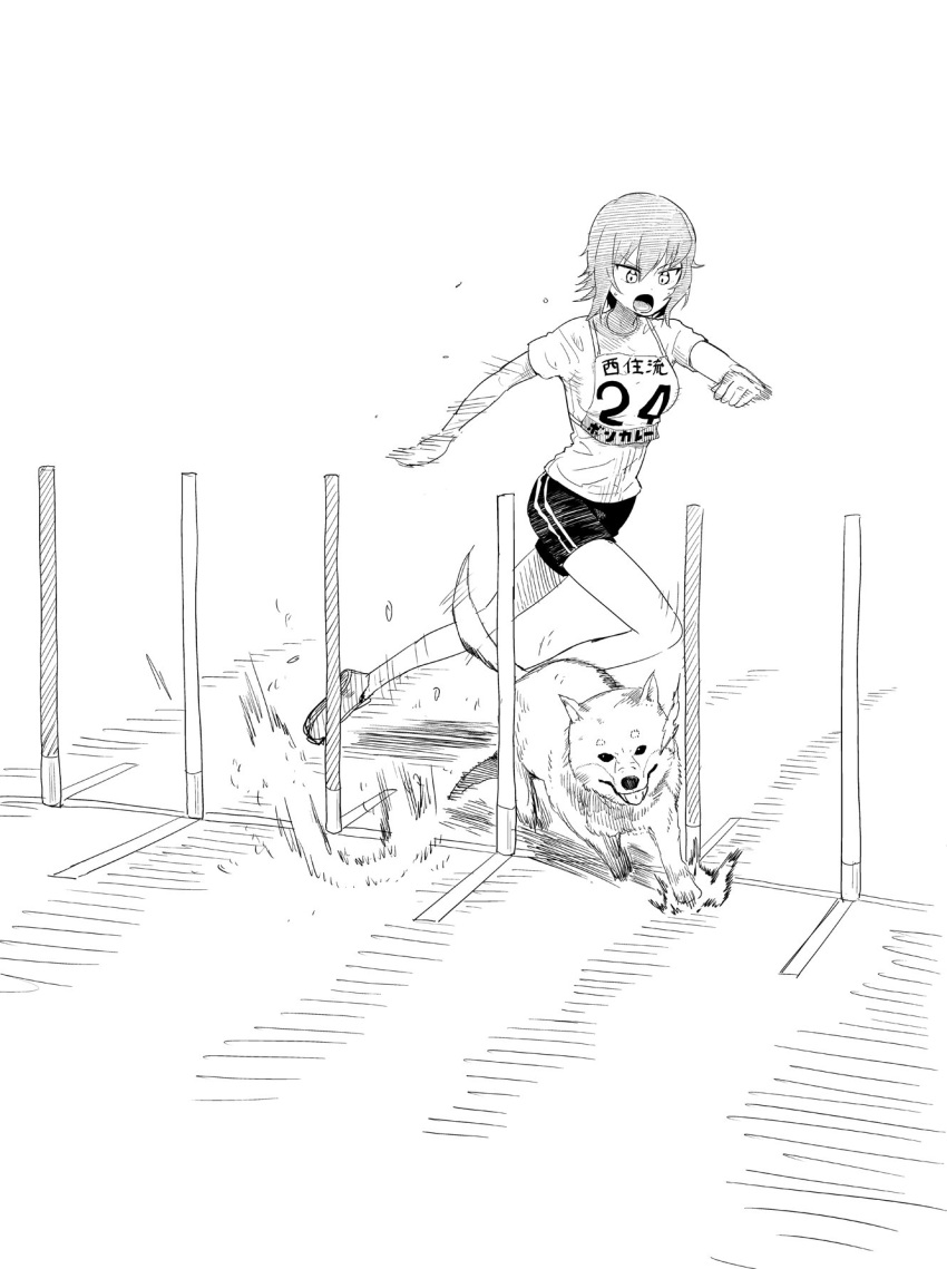 1girl bangs commentary dog double_vertical_stripe eyebrows_visible_through_hair frown girls_und_panzer highres looking_at_another motion_blur motion_lines name_tag nishizumi_maho open_mouth pole running shiba_inu shirt shoes short_hair short_shorts short_sleeves shorts solo standing t-shirt translated v-shaped_eyebrows yawaraka_black