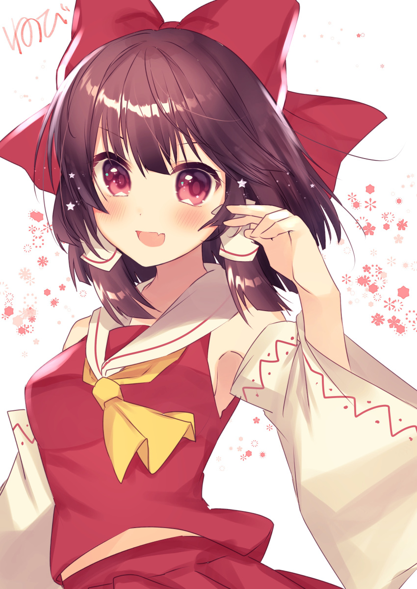 1girl :d absurdres artist_name ascot bad_hands bangs bare_shoulders bow breasts brown_hair commentary_request cowboy_shot detached_sleeves eyebrows_visible_through_hair fang hair_bow hair_tubes hakurei_reimu hand_up highres long_sleeves looking_at_viewer medium_breasts midriff_peek nenobi_(nenorium) open_mouth red_bow red_eyes red_skirt short_hair sidelocks signature simple_background skirt skirt_set smile solo star touhou translated white_background wide_sleeves yellow_neckwear