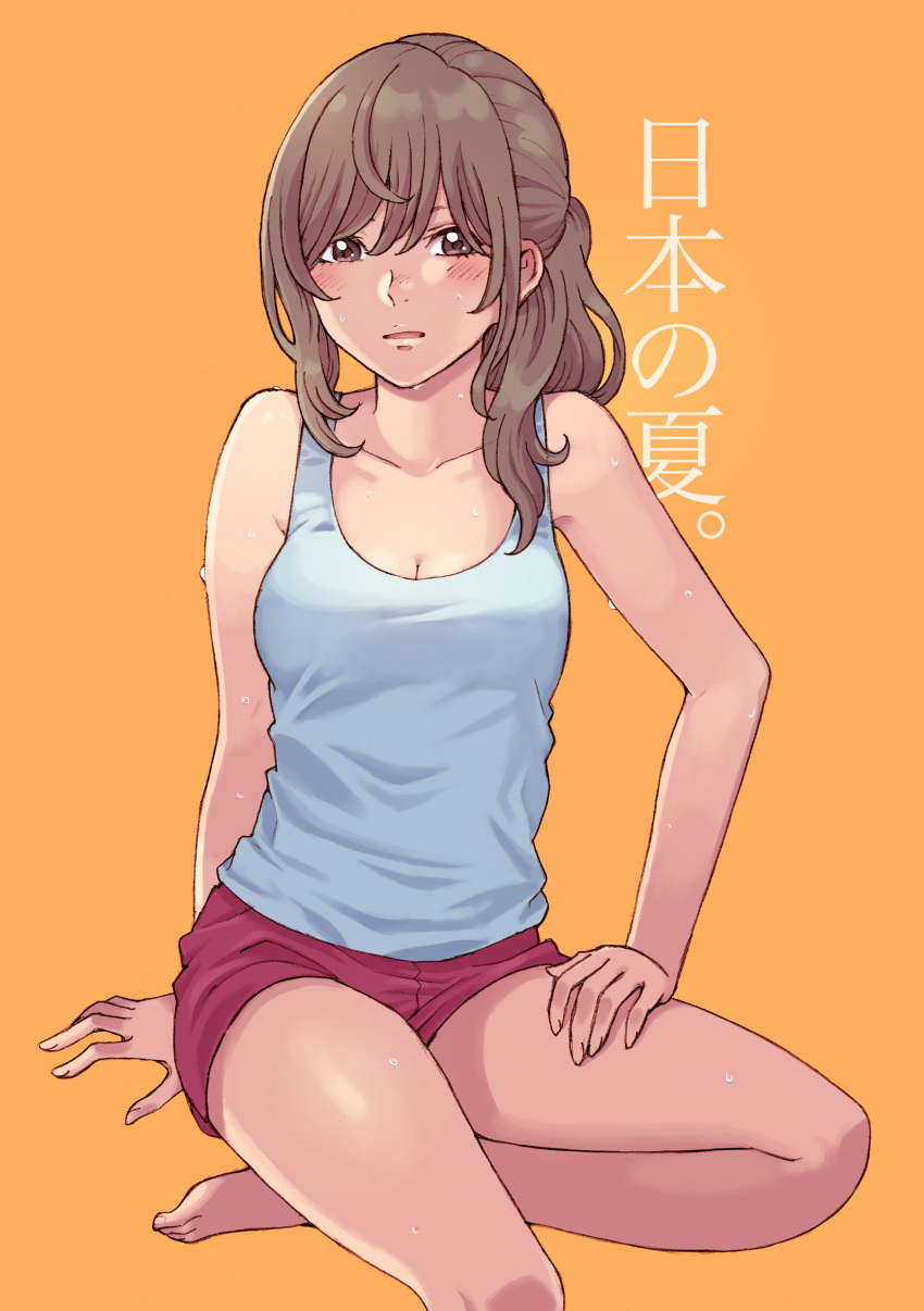 1girl absurdres blush brown_eyes brown_hair commentary highres hot original ponytail short_shorts shorts simple_background sitting solo sweat tank_top tanuki_koubou translated wariza