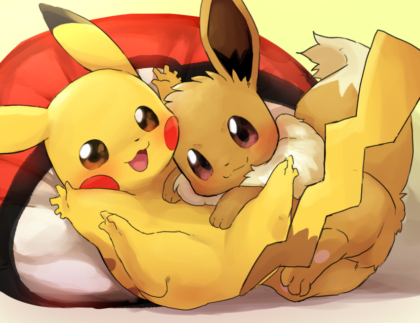 :3 arms_up blush blush_stickers closed_mouth commentary_request dagashi_(daga2626) eevee full_body gen_1_pokemon happy looking_at_viewer lying no_humans on_back on_side open_mouth outstretched_arms pikachu pillow poke_ball_theme pokemon pokemon_(creature) smile spread_legs